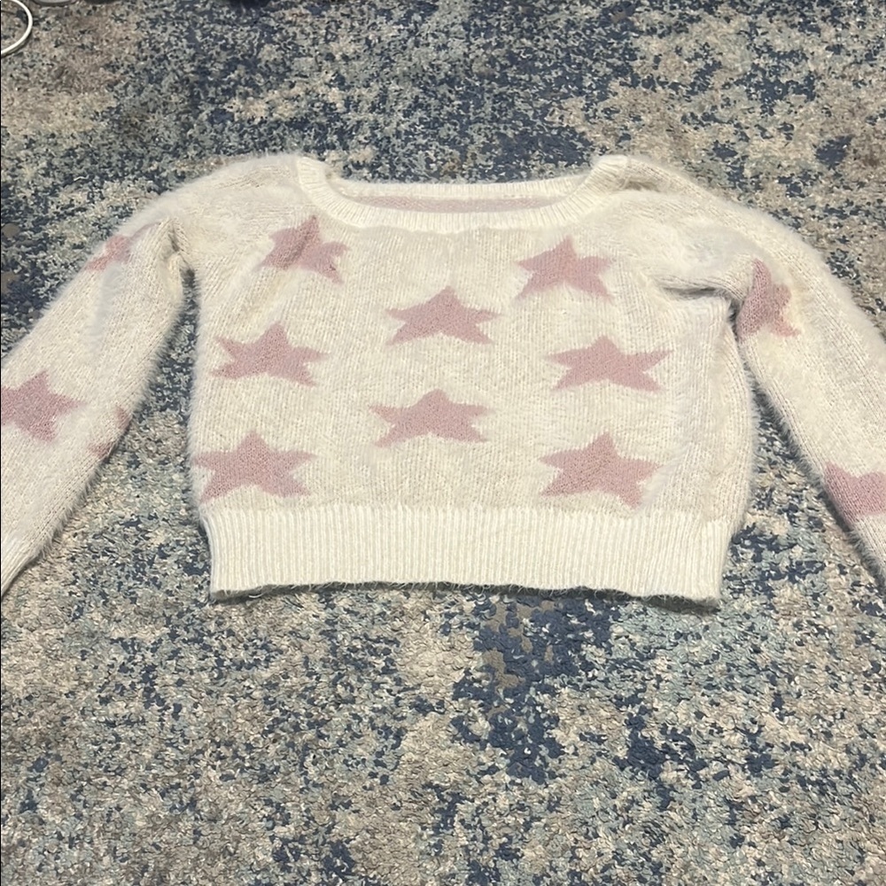 ROMWE Cream Star Print Fuzzy Cropped Sweater Women's Large - Picture 2 of 3